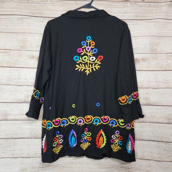Linea by Louis Dell'Olio Embroidered Bohemian Womens Button Front Black Top L - Picture 10 of 15